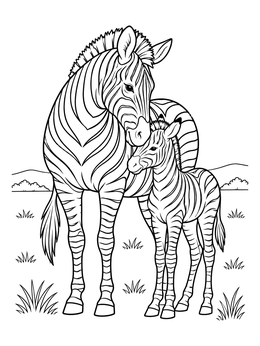 A gentle zebra mother and her foal stand together on this zebra coloring page.