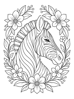 A detailed zebra coloring page featuring a zebra portrait surrounded by flowers.