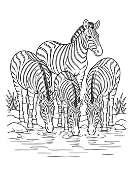A detailed zebra coloring page showing a group of zebras drinking water at a riverbank.