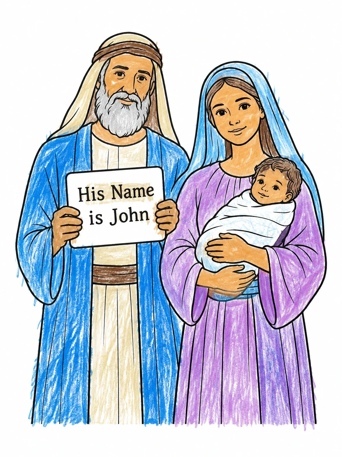 Colored example of the Zechariah And Elizabeth With Baby John coloring page
