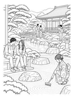 A woman rakes sand in this peaceful japan coloring page featuring temple grounds and visitors.