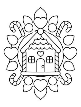 Free printable Gingerbread House With Candy Wreath coloring page