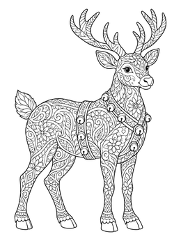 A detailed zentangle christmas coloring page featuring an ornate reindeer wearing holiday bells.