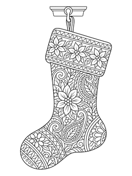 An ornate zentangle christmas coloring page featuring a holiday stocking hanging on a hook.