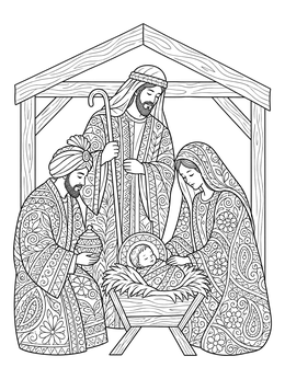 A detailed zentangle christmas coloring page of the Holy Family and a wise man in the stable.