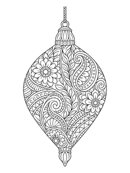 An ornate zentangle christmas coloring page featuring a detailed hanging teardrop ornament.