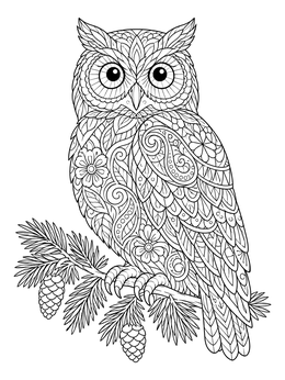 An ornate zentangle christmas coloring page depicting a detailed owl perched on an evergreen branch.
