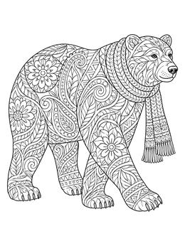 A zentangle christmas coloring page featuring a walking polar bear wrapped in a patterned knitted scarf.
