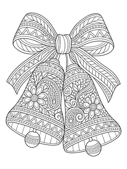 Detailed holiday bells in a zentangle christmas coloring page with intricate patterns.