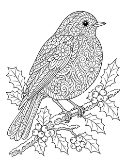 A detailed zentangle christmas coloring page featuring a patterned robin perched on snowy holly.