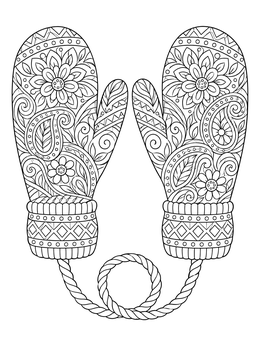 A detailed zentangle christmas coloring page featuring cozy winter mittens joined by twisted rope.
