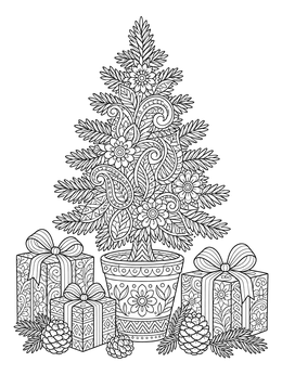 Free printable Potted Christmas Tree With Gifts coloring page