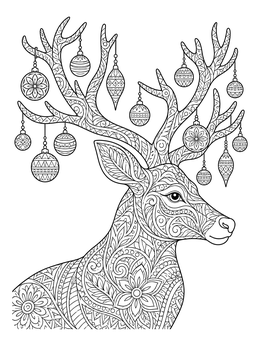 Intricate zentangle christmas coloring page featuring a reindeer with festive baubles hanging from its antlers.