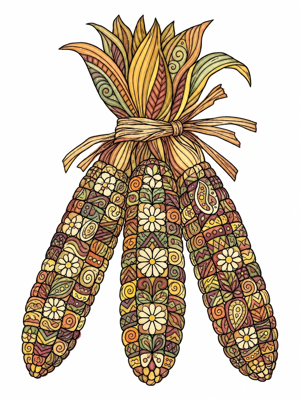 Colored example of the Zentangle Indian Corn Bundle coloring page