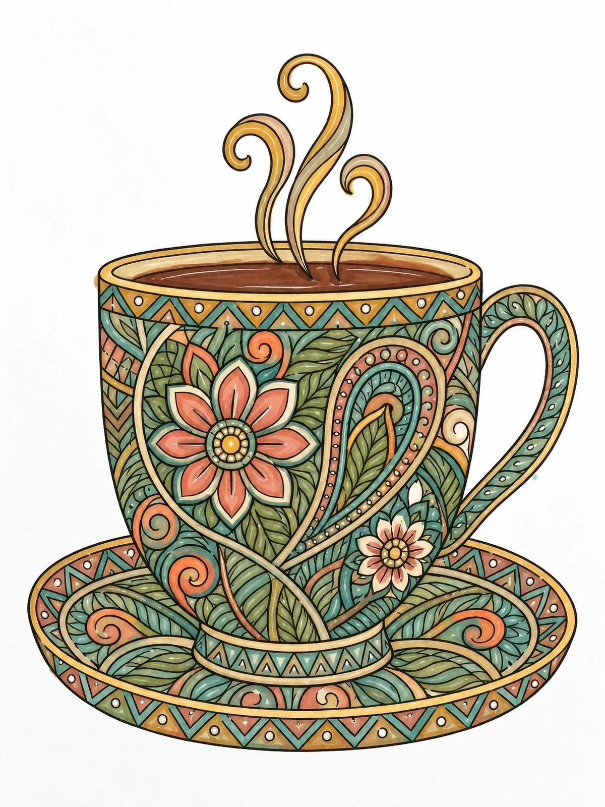 Colored example of the Intricate Ornamental Coffee Cup coloring page