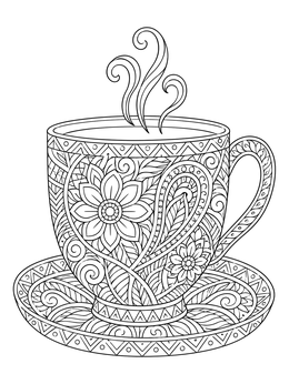 An intricate zentangle coloring page featuring a steaming coffee cup and saucer with floral patterns.