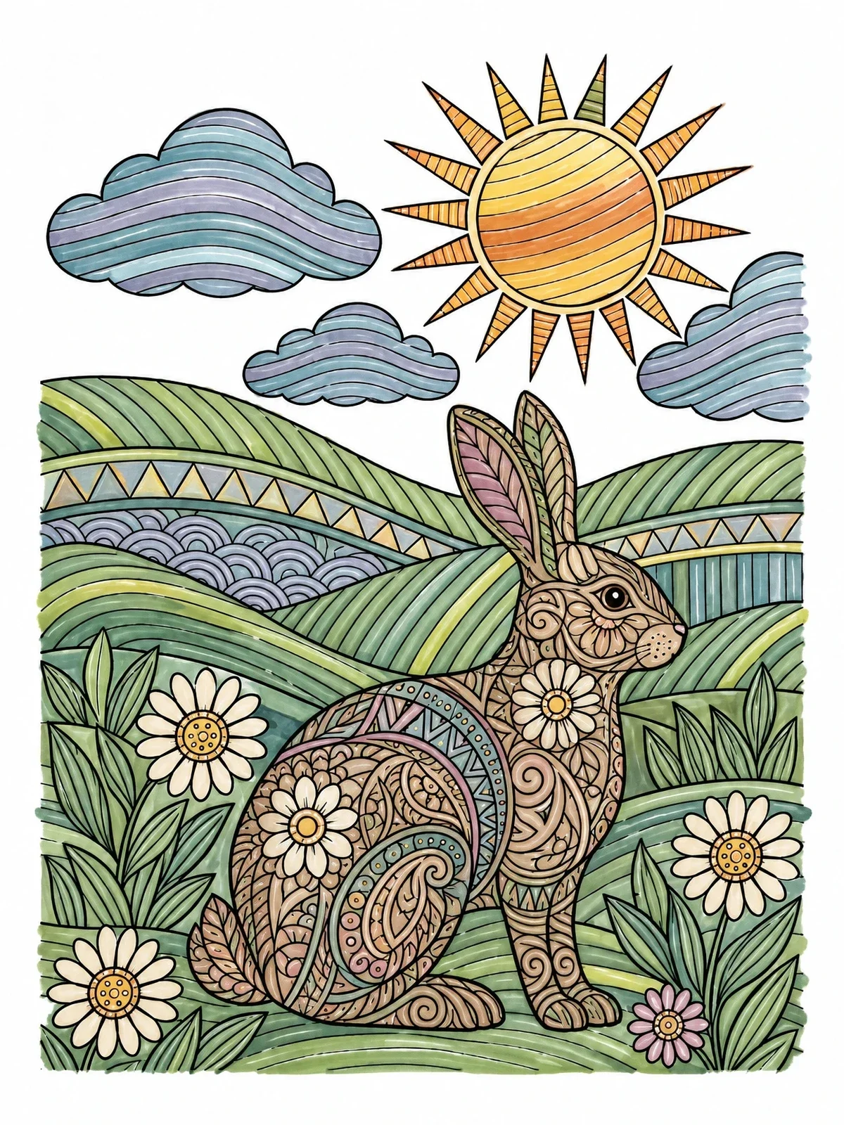 Colored example of the Zentangle Rabbit In Rolling Hills Landscape coloring page