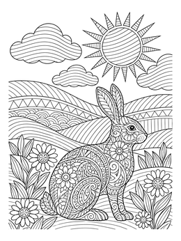 A patterned bunny sits among flowers in this landscape zentangle coloring page.