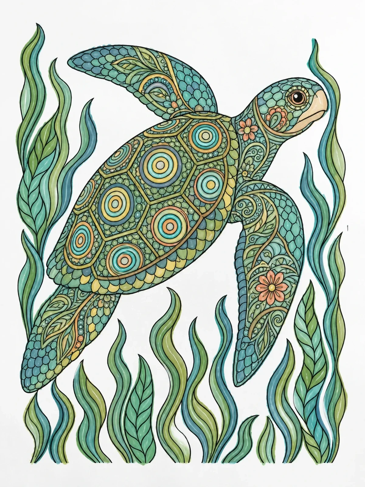 Colored example of the Zentangle Sea Turtle In Seaweed coloring page