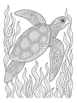 A detailed zentangle coloring page featuring an ornate sea turtle swimming amid tall underwater seaweed.