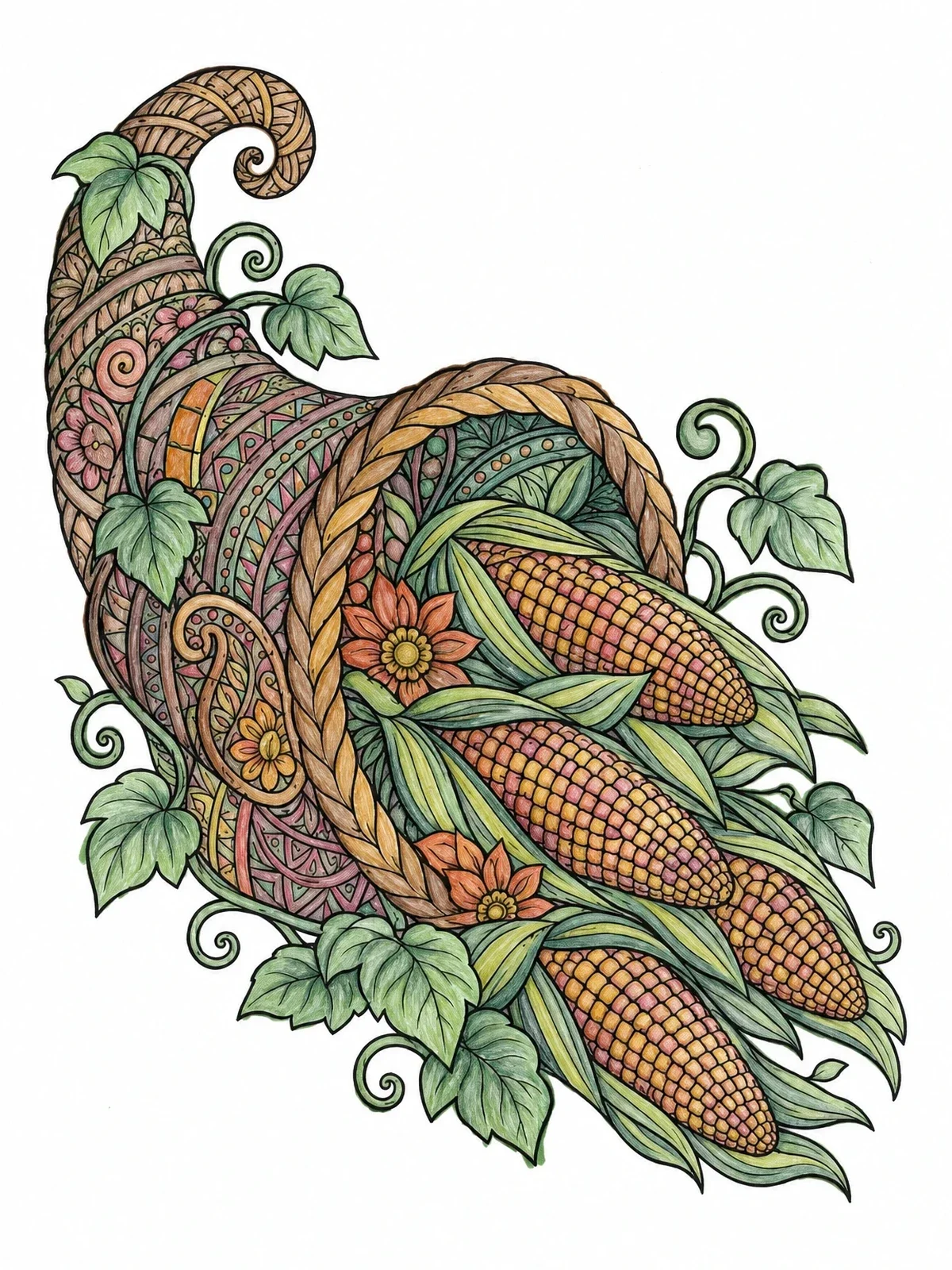 Colored example of the Detailed Cornucopia With Harvest Corn coloring page