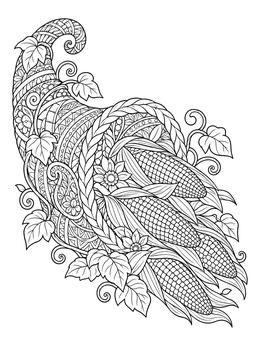 An intricate zentangle thanksgiving coloring page showing a horn of plenty filled with corn and foliage.