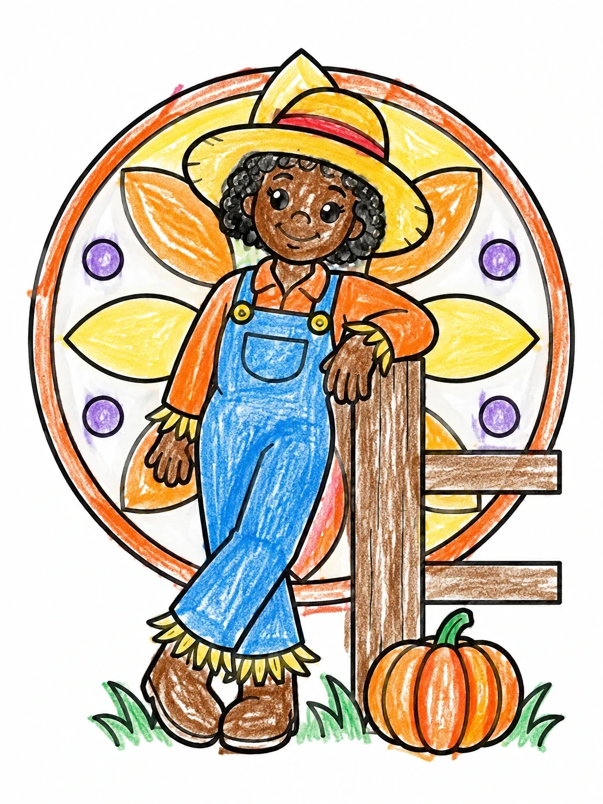 Colored example of the Friendly Scarecrow Leaning By Fence coloring page