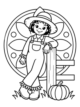 Free printable Friendly Scarecrow Leaning By Fence coloring page
