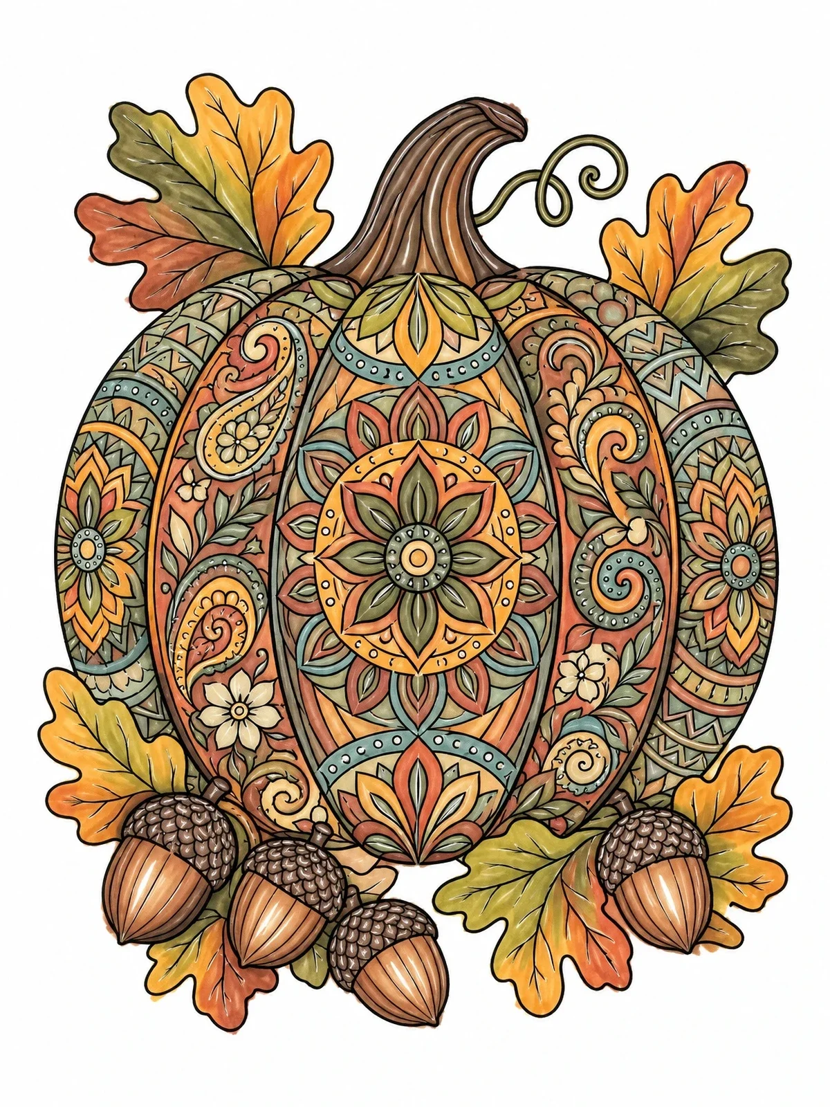 Colored example of the Intricate Mandala Pumpkin With Acorns coloring page