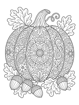 An ornate zentangle thanksgiving coloring page featuring a patterned pumpkin, acorns, and oak leaves.