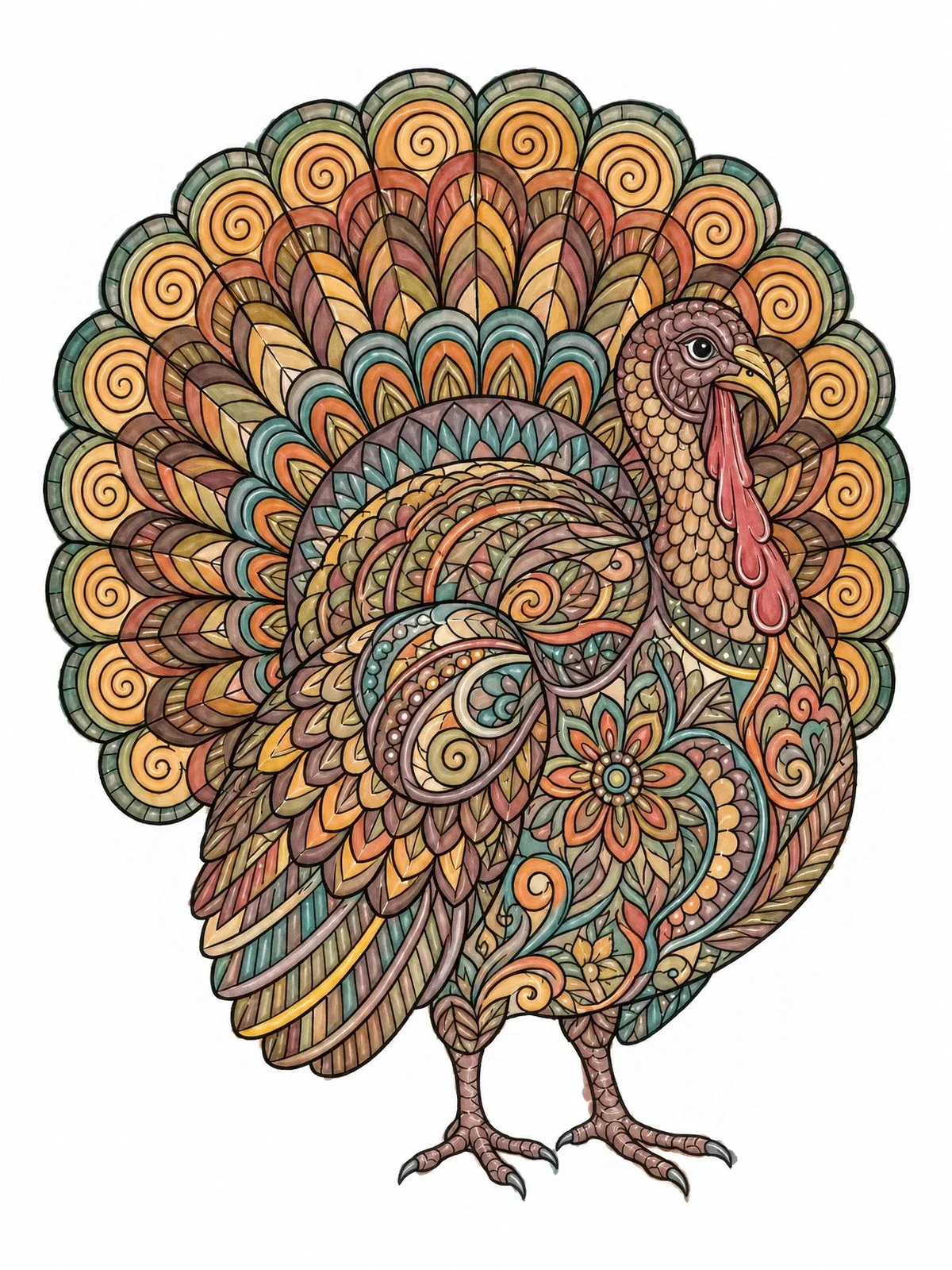 Colored example of the Intricate Mandala Turkey For Thanksgiving coloring page