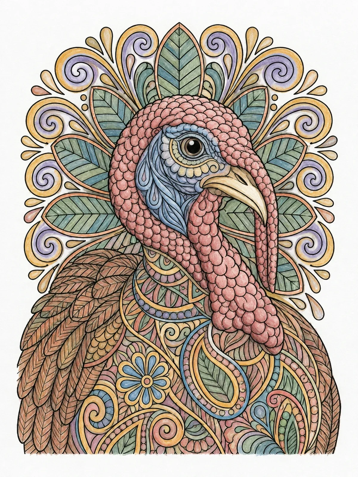 Colored example of the Intricate Mandala Turkey Portrait coloring page