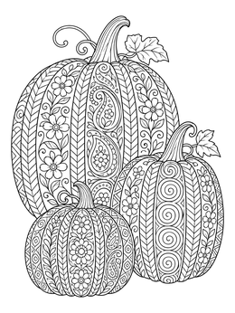 A detailed zentangle thanksgiving coloring page featuring three patterned pumpkins.