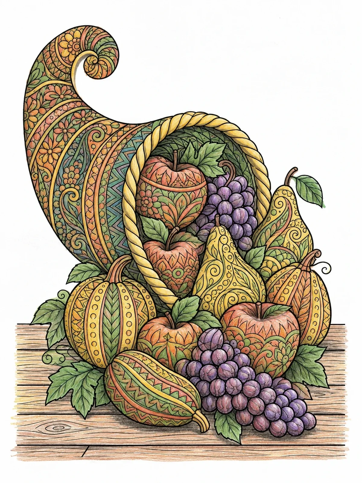 Colored example of the Intricate Thanksgiving Cornucopia And Harvest coloring page