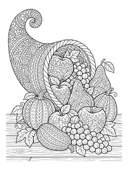 A detailed zentangle thanksgiving coloring page showing a cornucopia spilling patterned fruits and pumpkins.