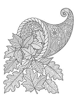 A detailed zentangle thanksgiving coloring page featuring an ornate cornucopia filled with patterned autumn leaves.