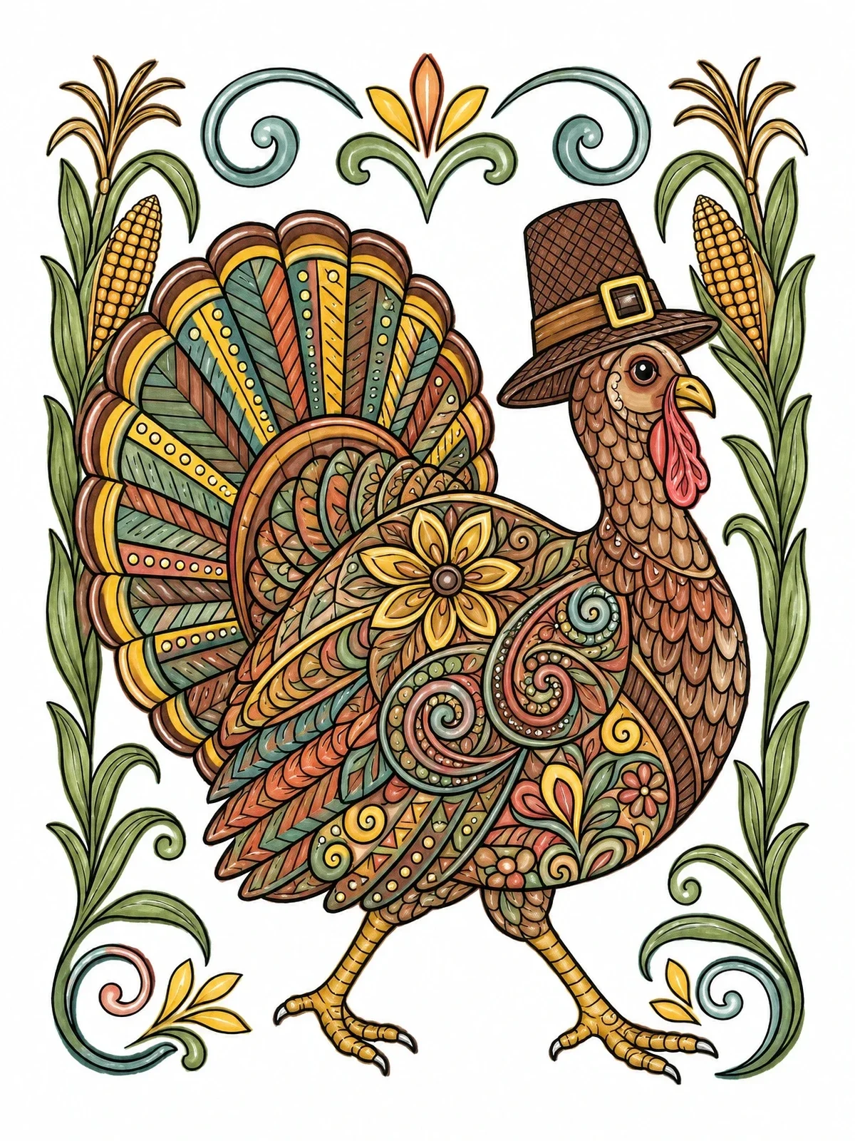 Colored example of the Intricate Thanksgiving Turkey With Pilgrim Hat coloring page