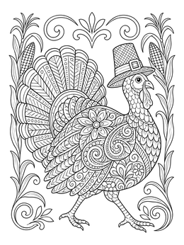 Free printable Intricate Thanksgiving Turkey With Pilgrim Hat coloring page