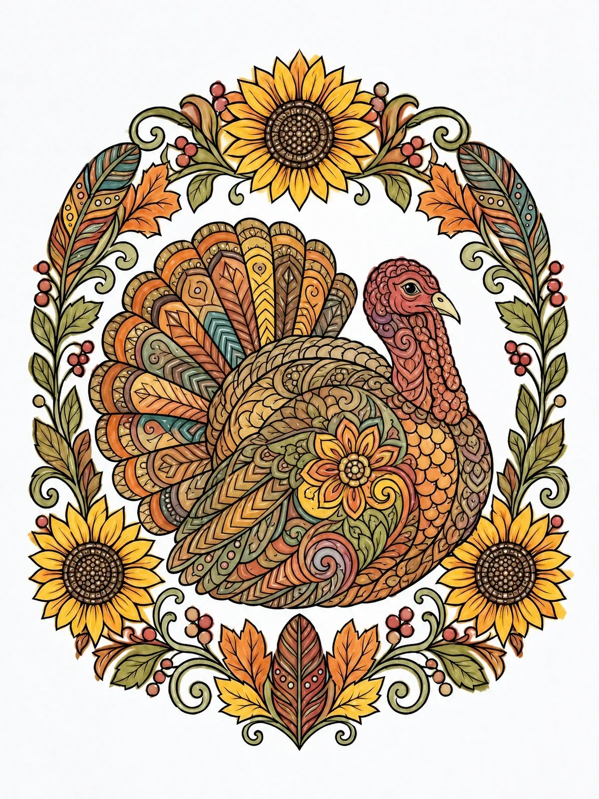 Colored example of the Intricate Turkey In Autumn Floral Wreath coloring page