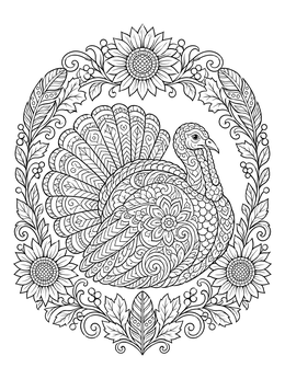 Free printable Intricate Turkey In Autumn Floral Wreath coloring page