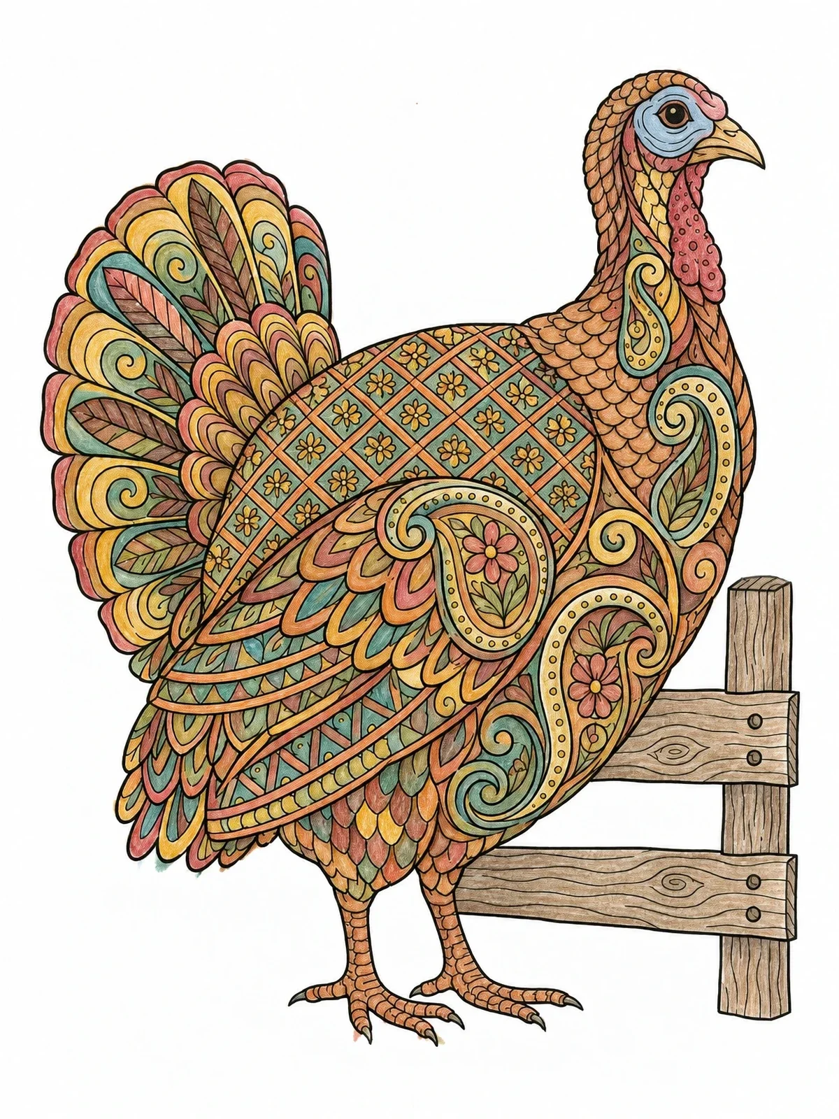 Colored example of the Intricate Turkey Hen By Wooden Fence coloring page