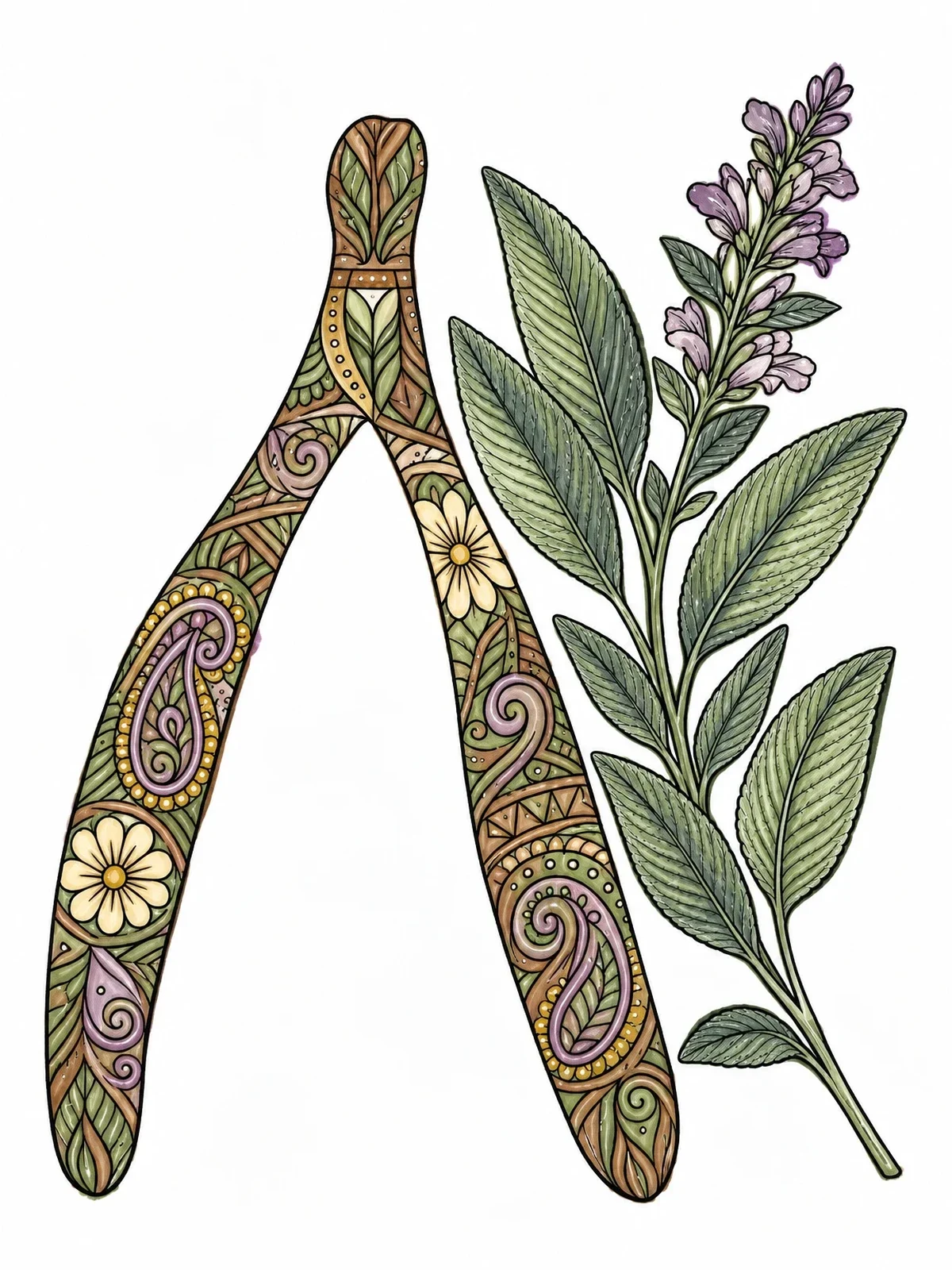 Colored example of the Intricate Wishbone With Fresh Sage Sprig coloring page