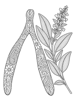 Detailed zentangle thanksgiving coloring page showing an ornate patterned wishbone beside a flowering sage branch.