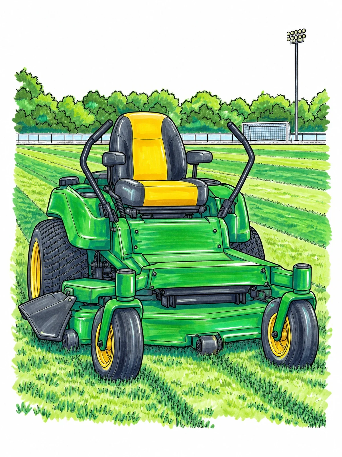 Colored example of the Zero Turn Mower On Sports Field coloring page