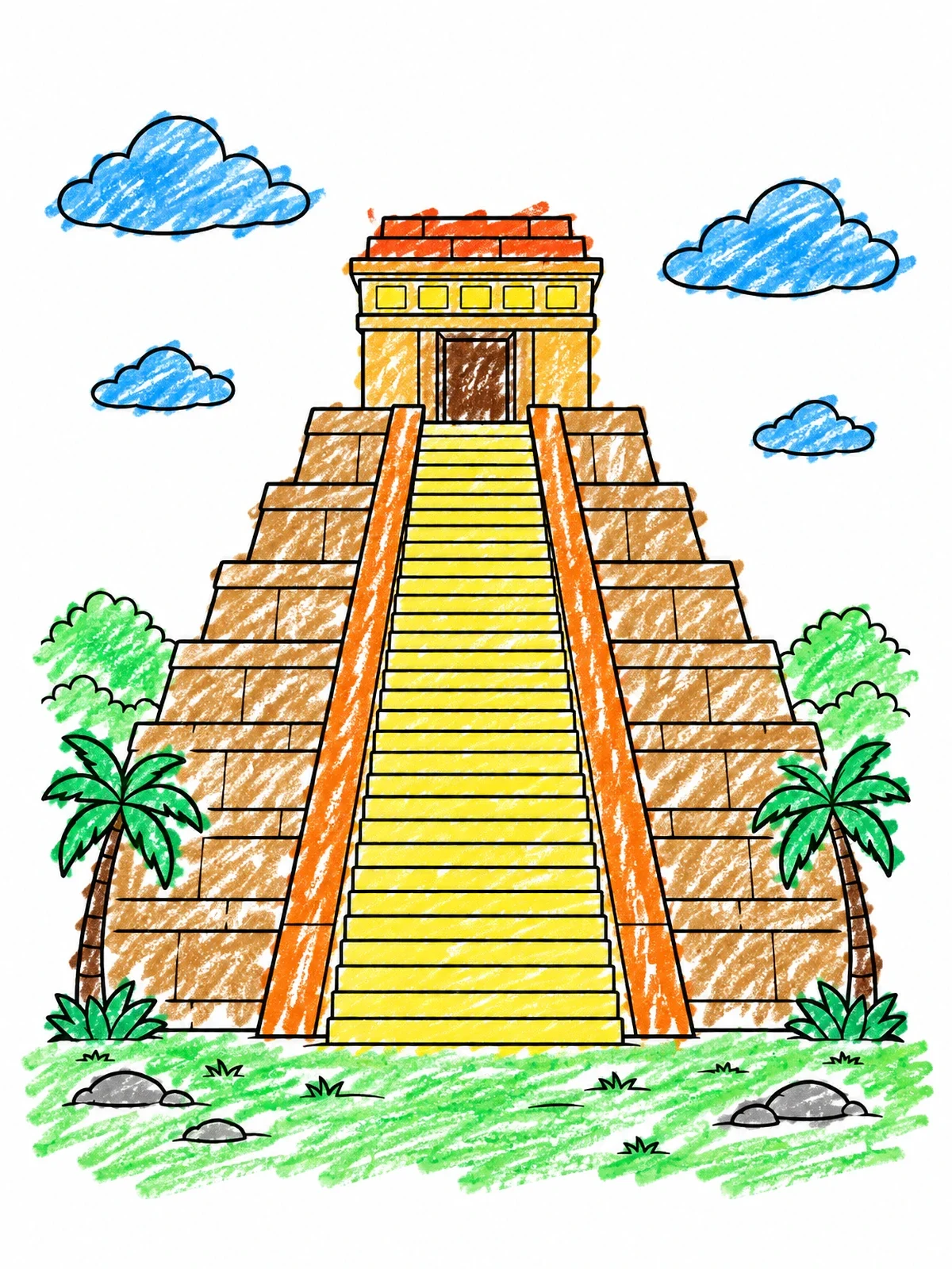 Colored example of the Ancient Step Temple And Palm Trees coloring page