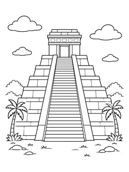 Free printable Ancient Step Temple And Palm Trees coloring page