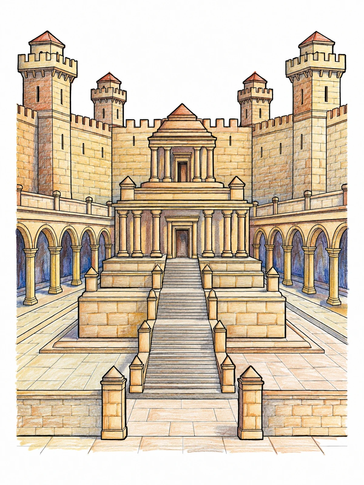 Colored example of the Ancient Stepped Fortress Courtyard coloring page