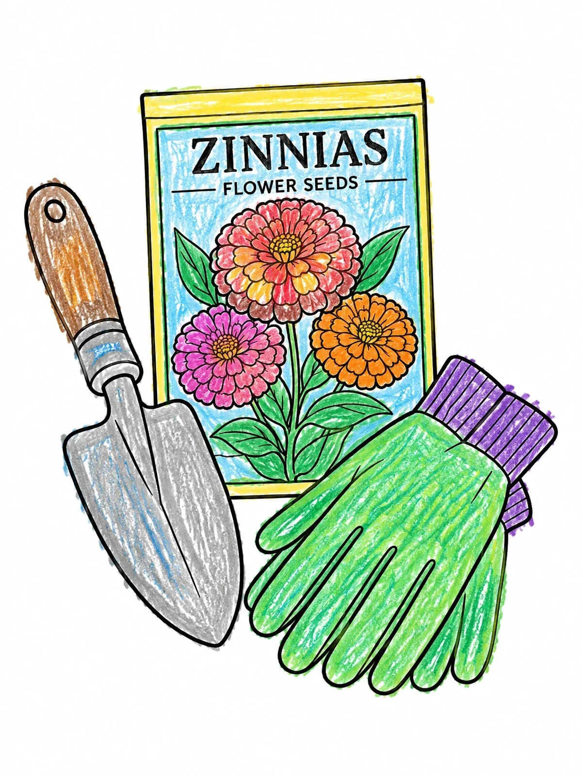 Colored example of the Zinnia Seeds And Garden Tools coloring page