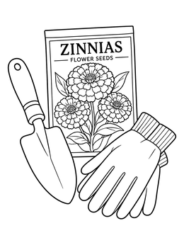 A zinnia seeds coloring page featuring a seed packet, gardening gloves, and a trowel.