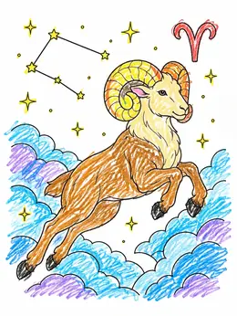 Aries Ram Leaping Through Celestial Clouds – Zodiac Sign Coloring Page